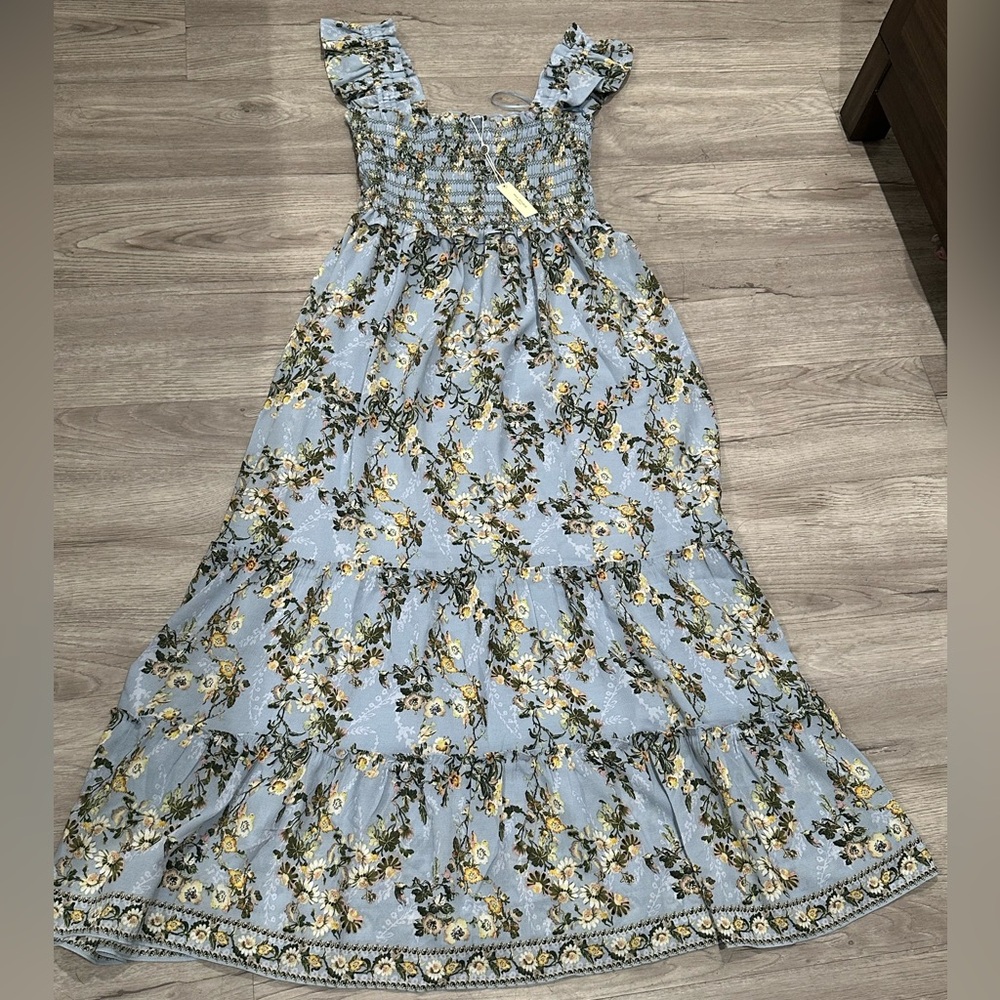 Smocked Floral Maxi Dress in Light Blue